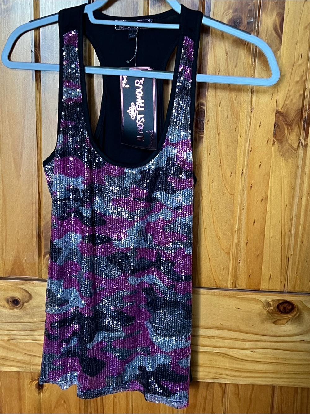 Almost Famous Pink, Black & Gray Sequin Camo Tank Top